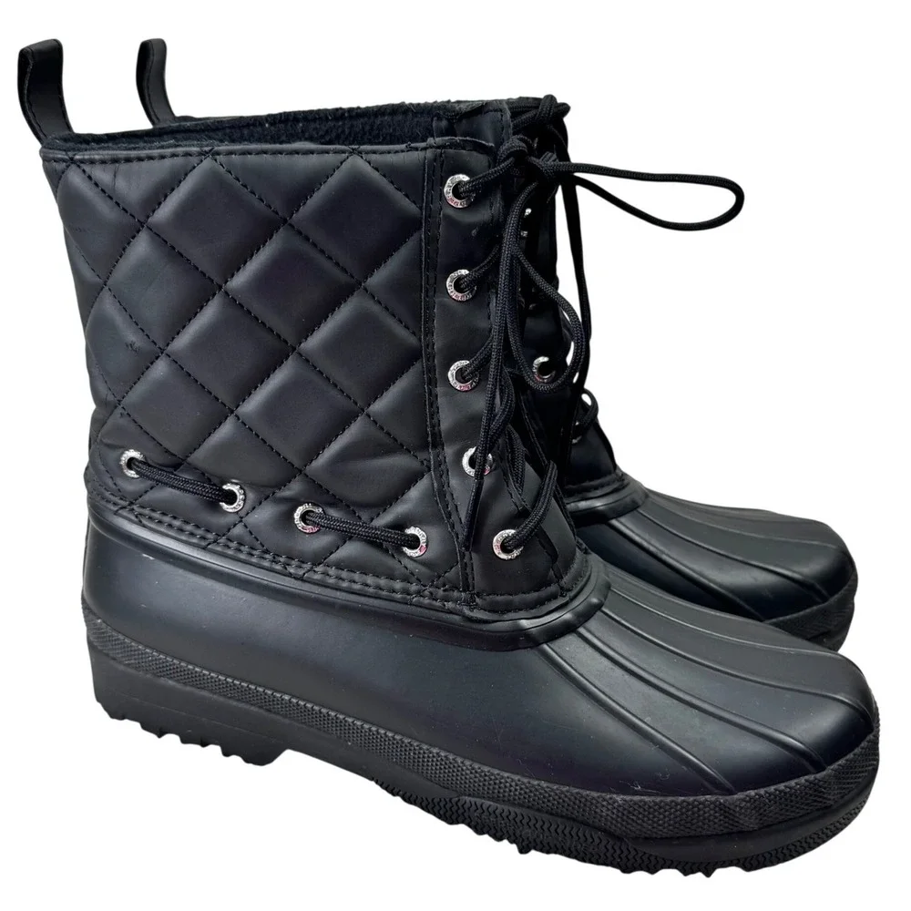 Sperry Saltwater Duck Boots Womens 7 Black Quilted Waterproof Rain‎ STS83693